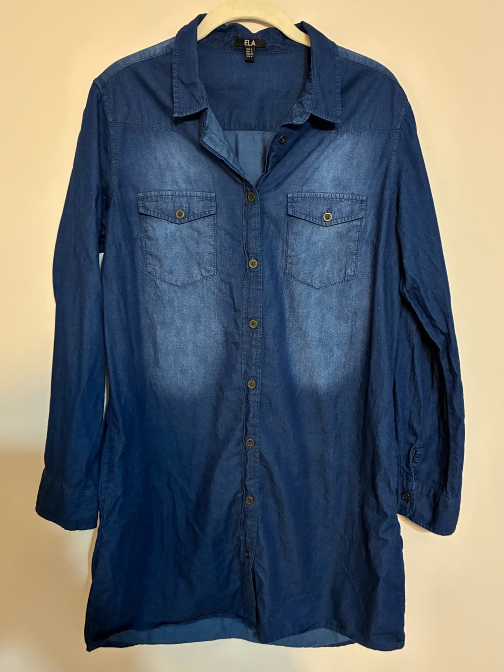 ELA Denim-Style Long Sleeve Shirt Dress in Dark Blue Faded Wash 8